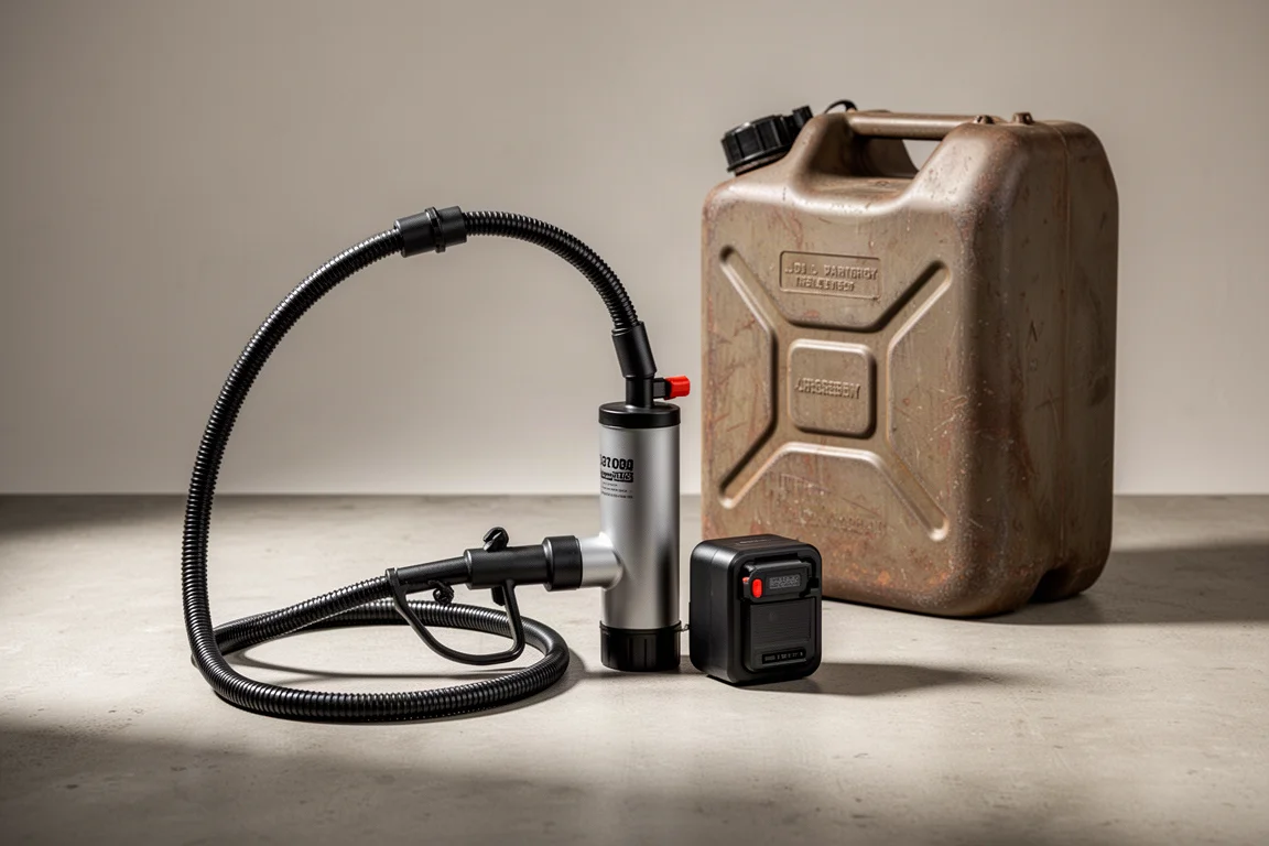 Pompa di trasferimento carburante a batteria con tubo e contenitore di carburante su superficie in cemento