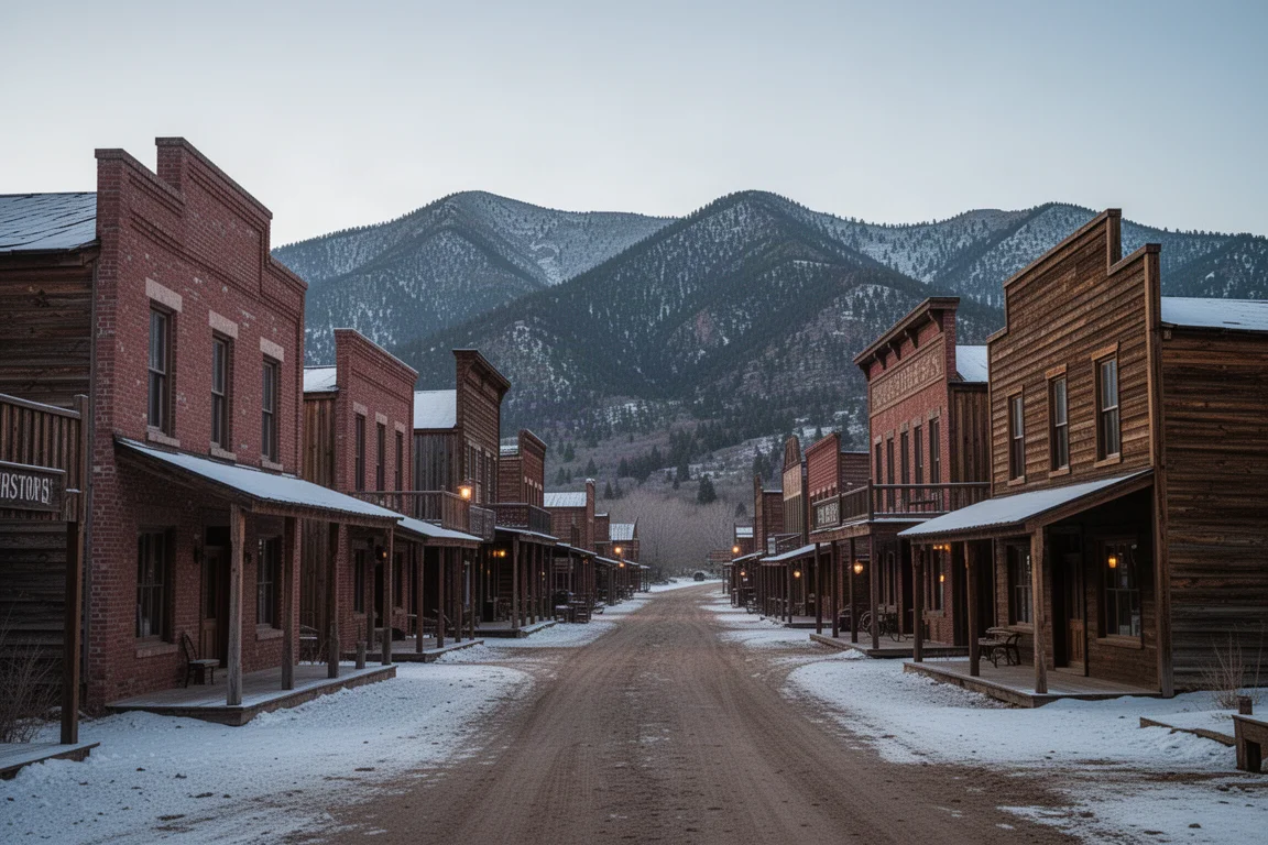 Calle principal de un pueblo minero histórico del Viejo Oeste en invierno