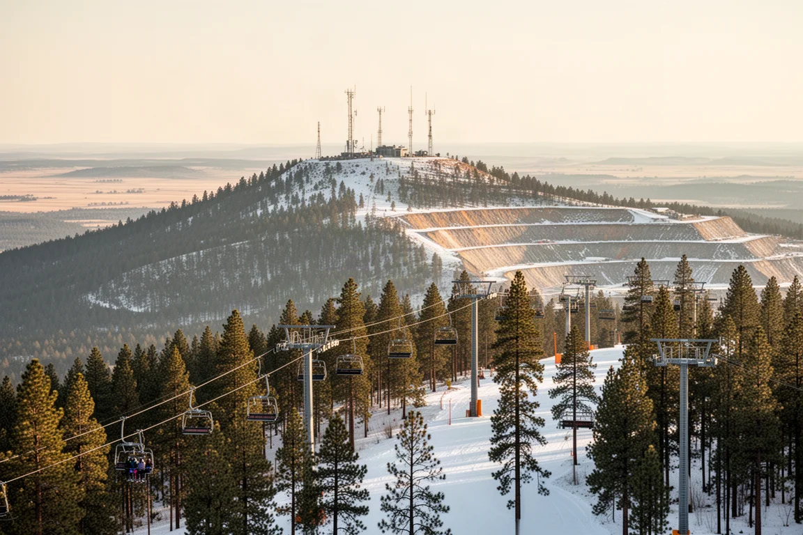 Terry Peak ski resort summit with chairlifts, pine forest, and mining landscape