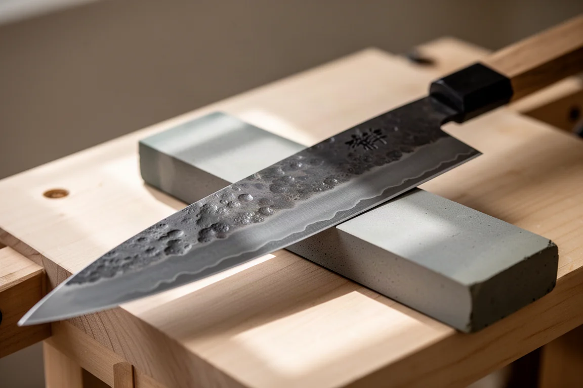 Gros plan d'une lame de couteau forgée rustique avec finition kurouchi sombre sur un établi