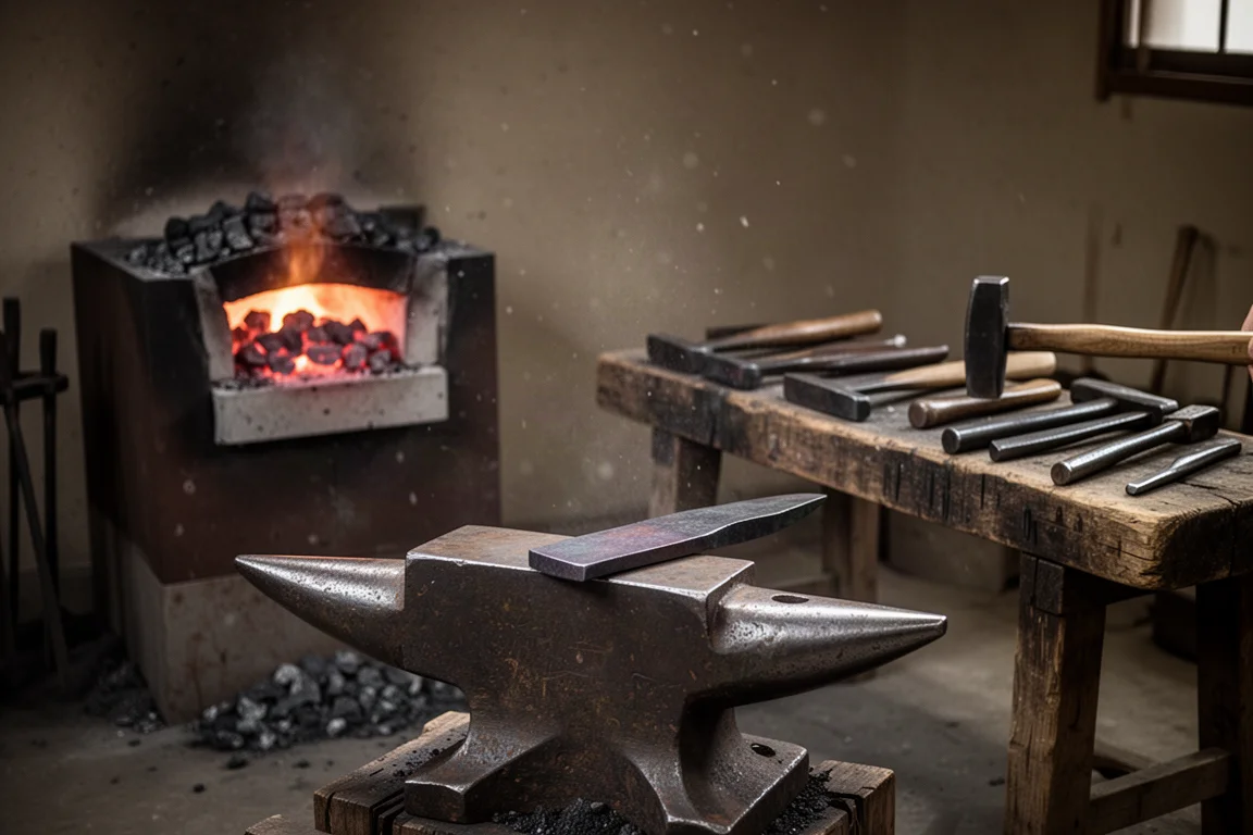 Atelier de coutelier avec forge, enclume et outils de forge sous une lumière chaleureuse