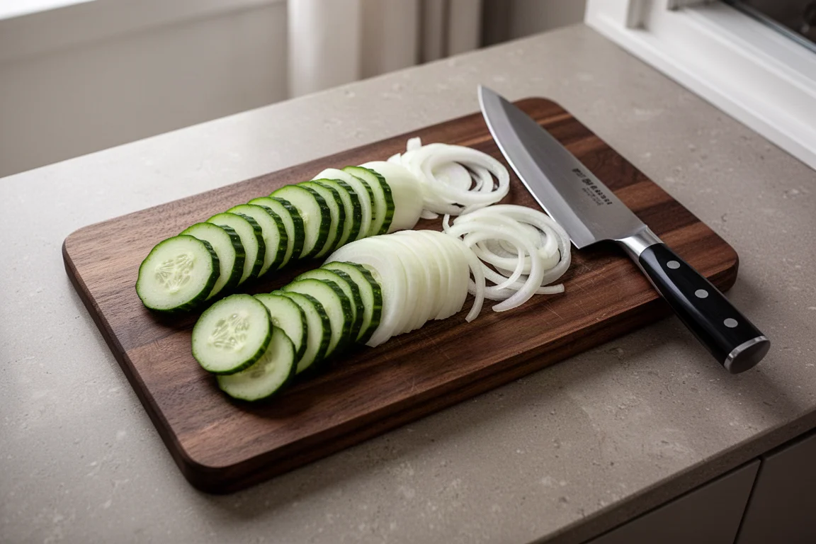 Légumes fraîchement tranchés sur une planche en bois à côté d'un couteau de cuisine