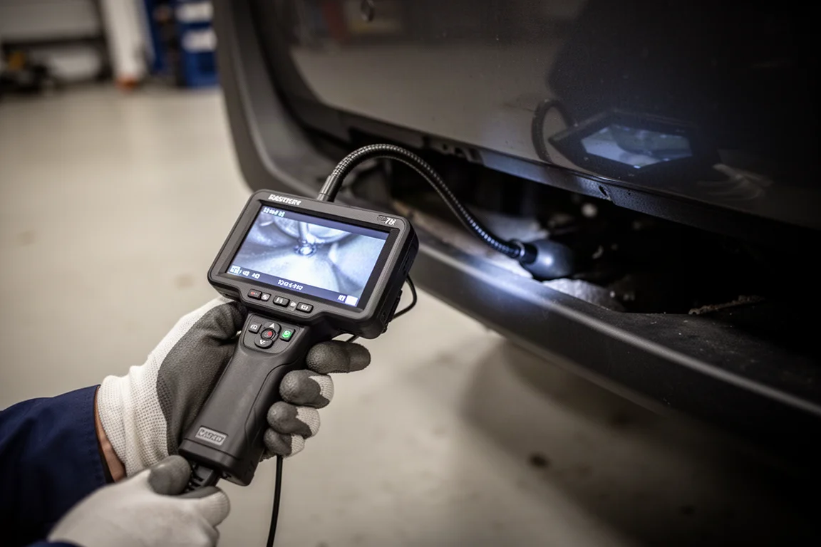 Handgehaltener Inspektionskammera-Bildschirm mit Live-Ansicht, während die Sonde in einen engen Raum reicht