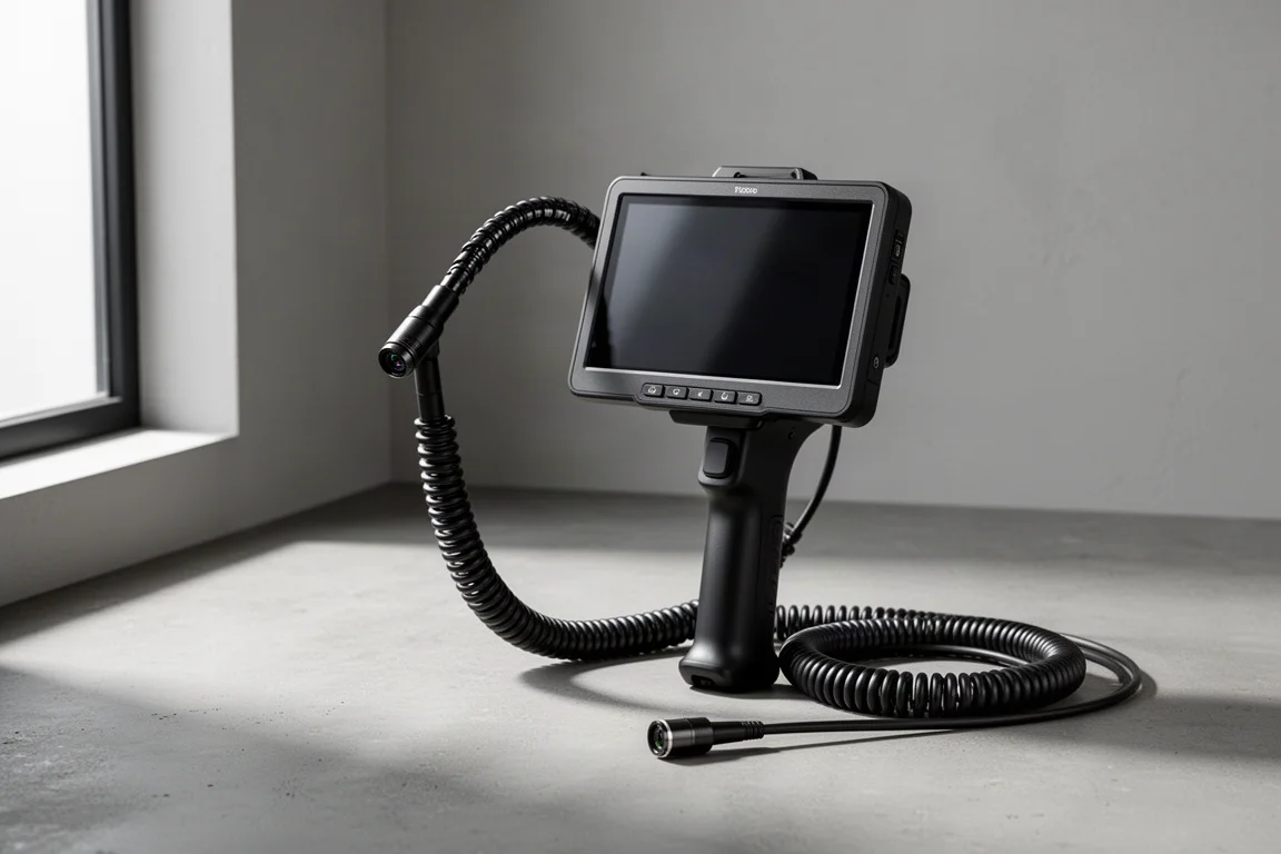 Teslong 7-inch inspection camera with coiled flexible probe on concrete surface