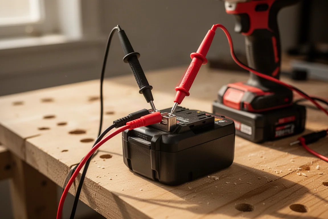 Multimeter test leads probing the terminals of a cordless tool battery on a workbench