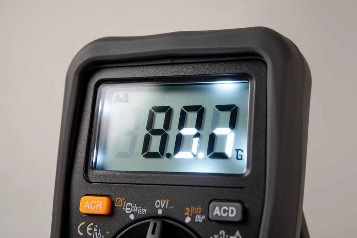 Multimeter display reading a voltage value in a bright workshop setting
