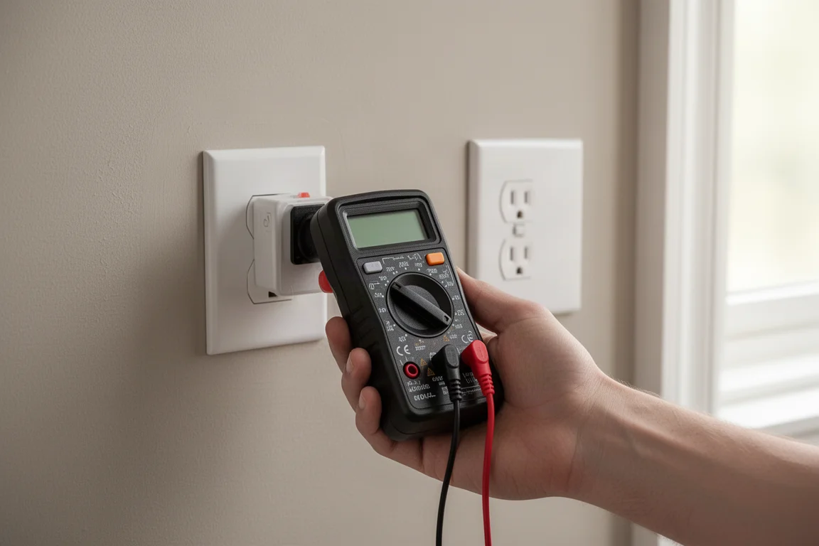 Multimeter held near a wall outlet checking for live voltage without contact