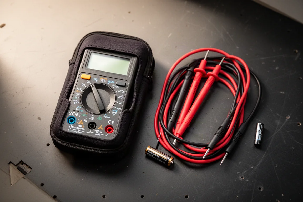 Multimeter with protective case and leads laid out on a workshop bench