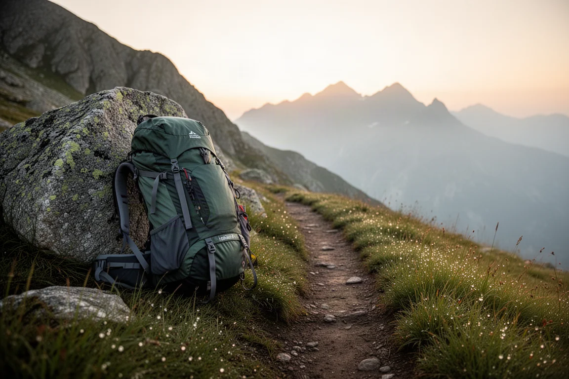 日出時分,裝滿裝備的登山背包擱在山徑旁的巨石上