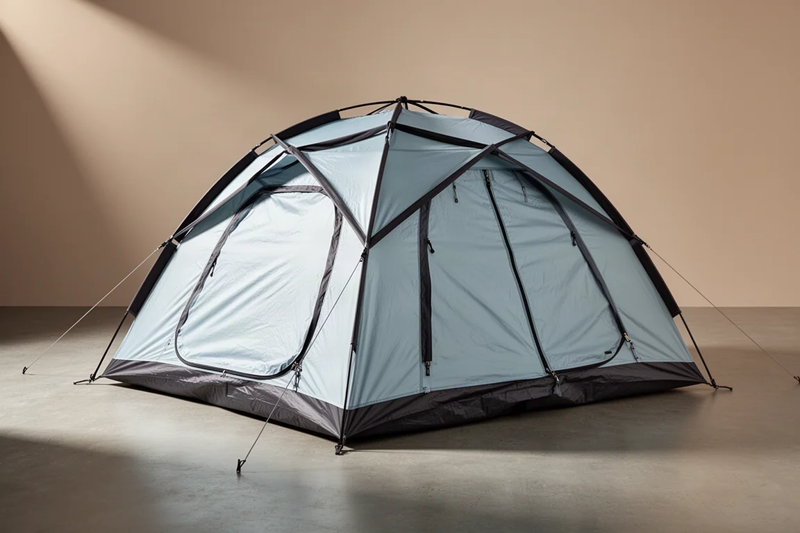 Large four-person camping tent with a pale blue fly pitched on a concrete surface
