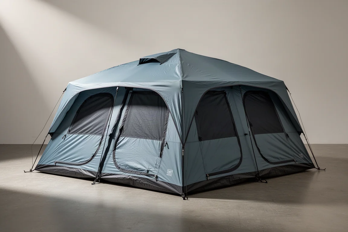 Large four-person camping tent with full rain fly pitched on a concrete surface
