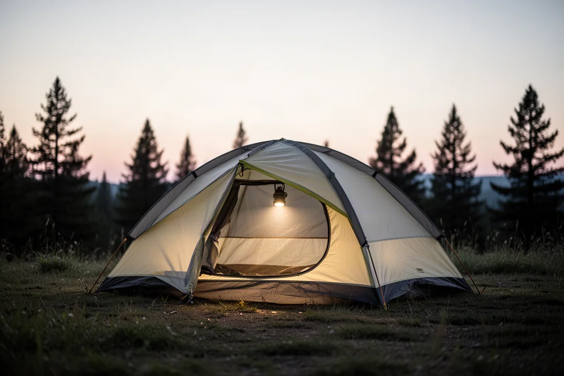 Solo campsite at dusk with a small dome tent glowing from a headlamp inside