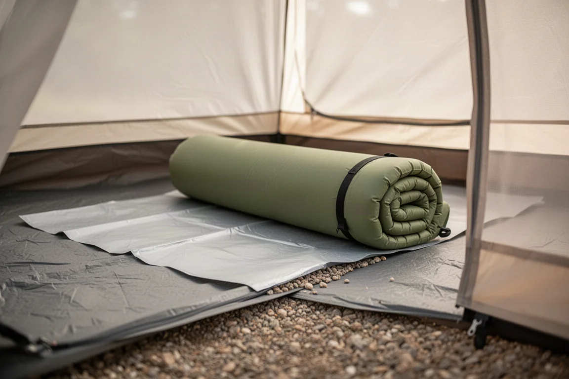 Thin tent floor with sleeping pad and ground sheet laid out inside a small tent