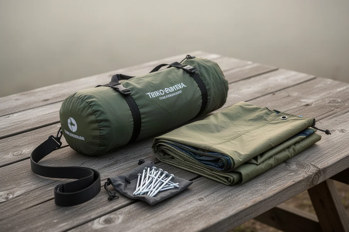 Compact one-person tent being rolled into its carry bag on a wooden table