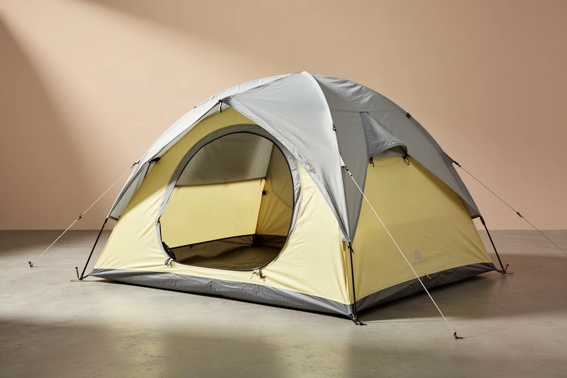 Pale yellow two person dome pop-up tent with grey rainfly on a concrete surface