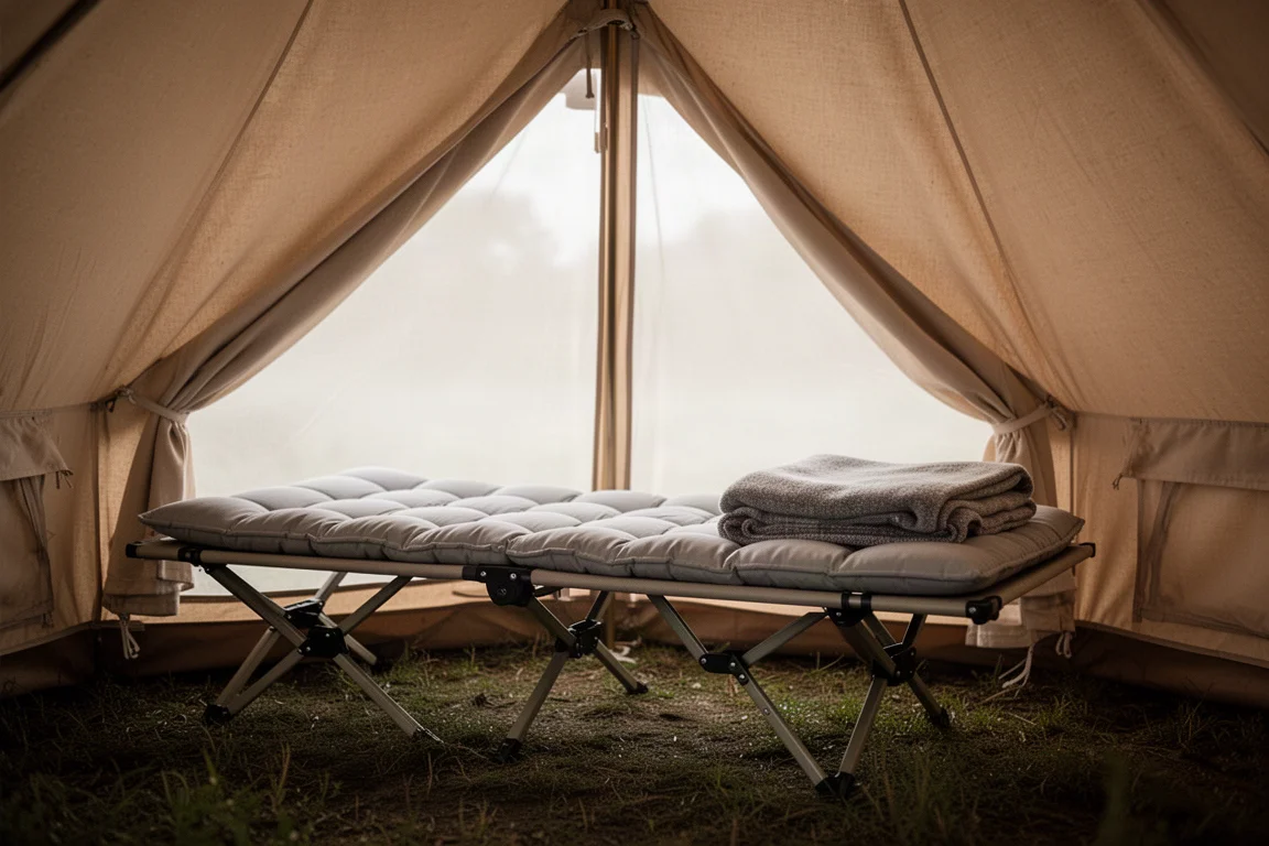 Camp cot with a padded mattress inside a tent in soft morning light