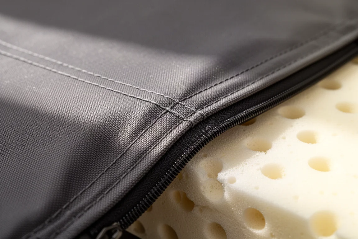 Close-up of quilted canvas cover and stitching on a camping cot pad