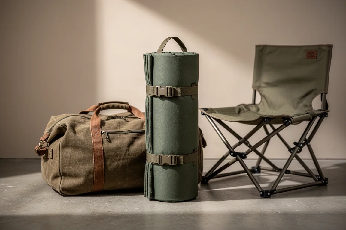 Rolled camping cot pad with straps and handle beside a packed gear bag