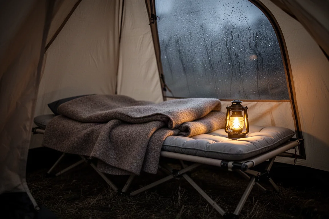 Camp cot layered with blankets inside a tent lit by a warm lantern at night