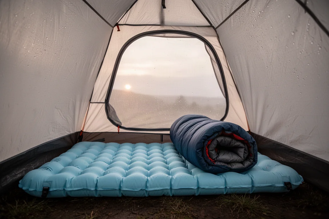 Inflated sleeping pad and sleeping bag inside a small tent at dawn