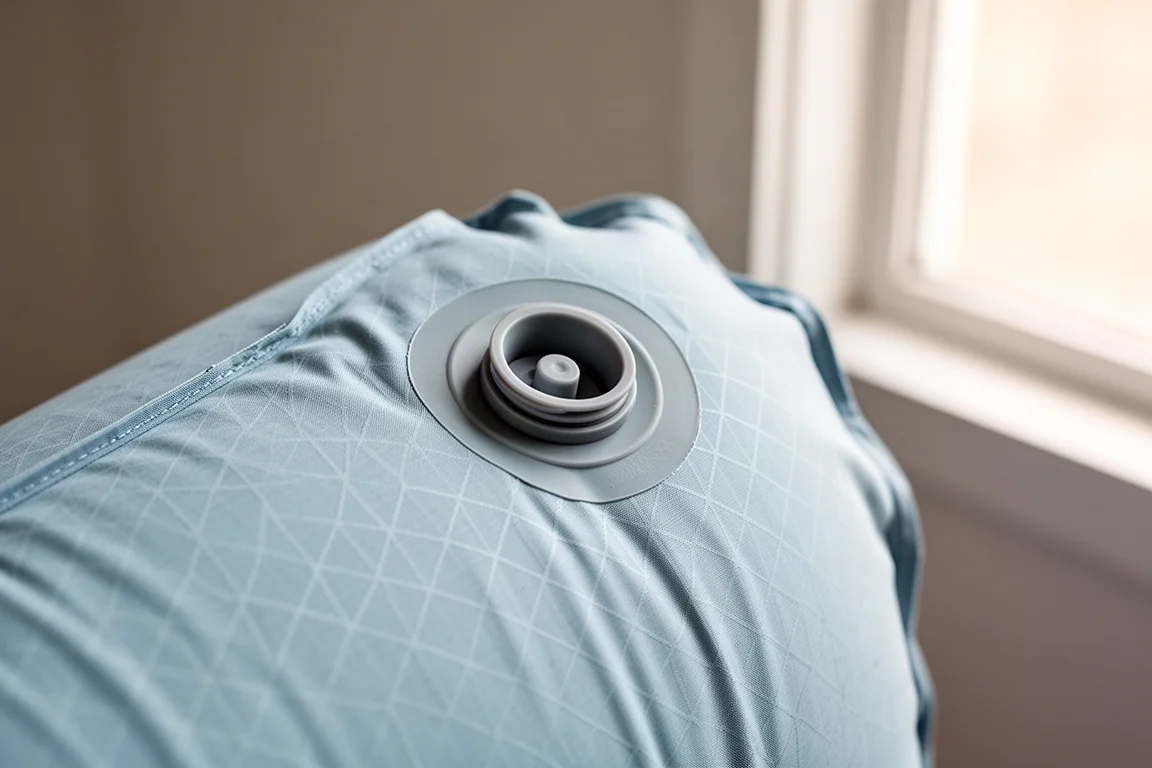 Close-up of the inflation valve on a light blue inflatable camping pad