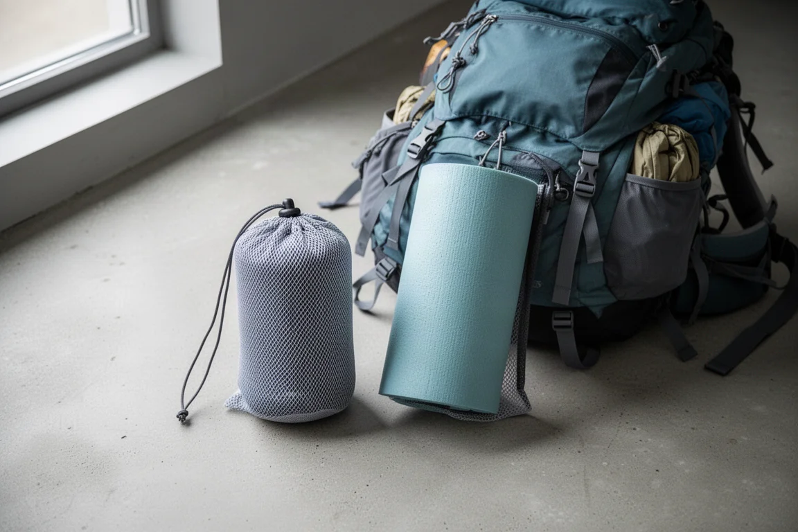 Camping sleeping pad packed in a mesh stuff sack beside a hiking backpack