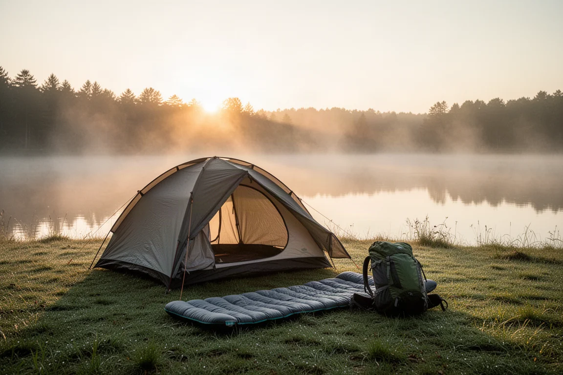 Campsite at sunrise with a tent and camping gear laid out on grass