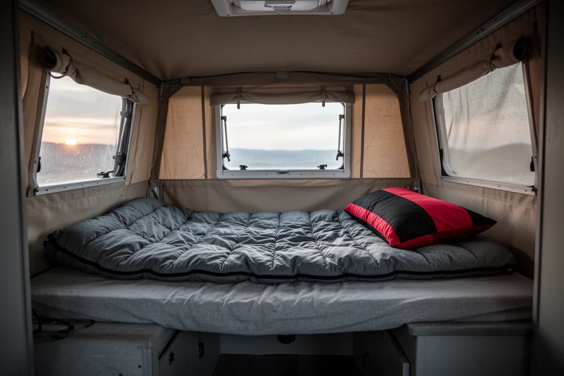 Almohada de camping y manta doblada dentro de una camioneta con cama abierta al atardecer