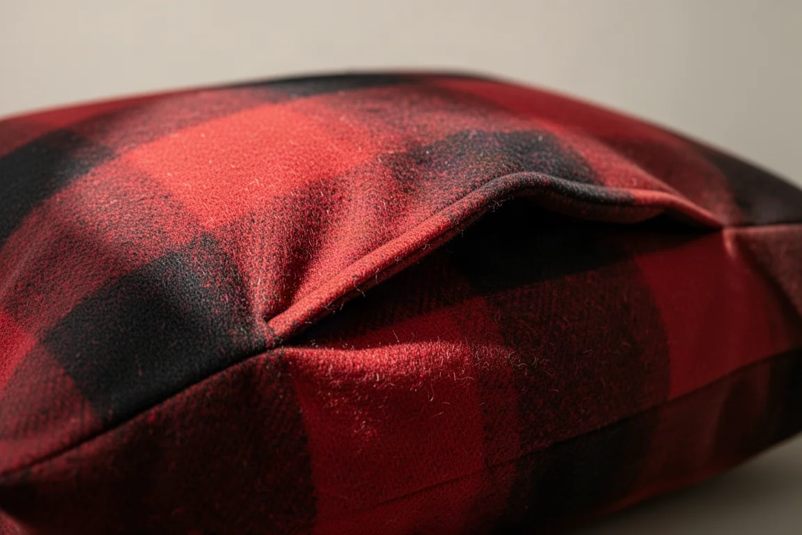 Perfil lateral de una almohada de camping doblada por la mitad que muestra un relleno grueso sobre hormigón