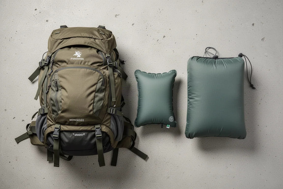 Vista plana de una funda de almohada de franela, una almohada de camping y una bolsa de tafetán sobre madera