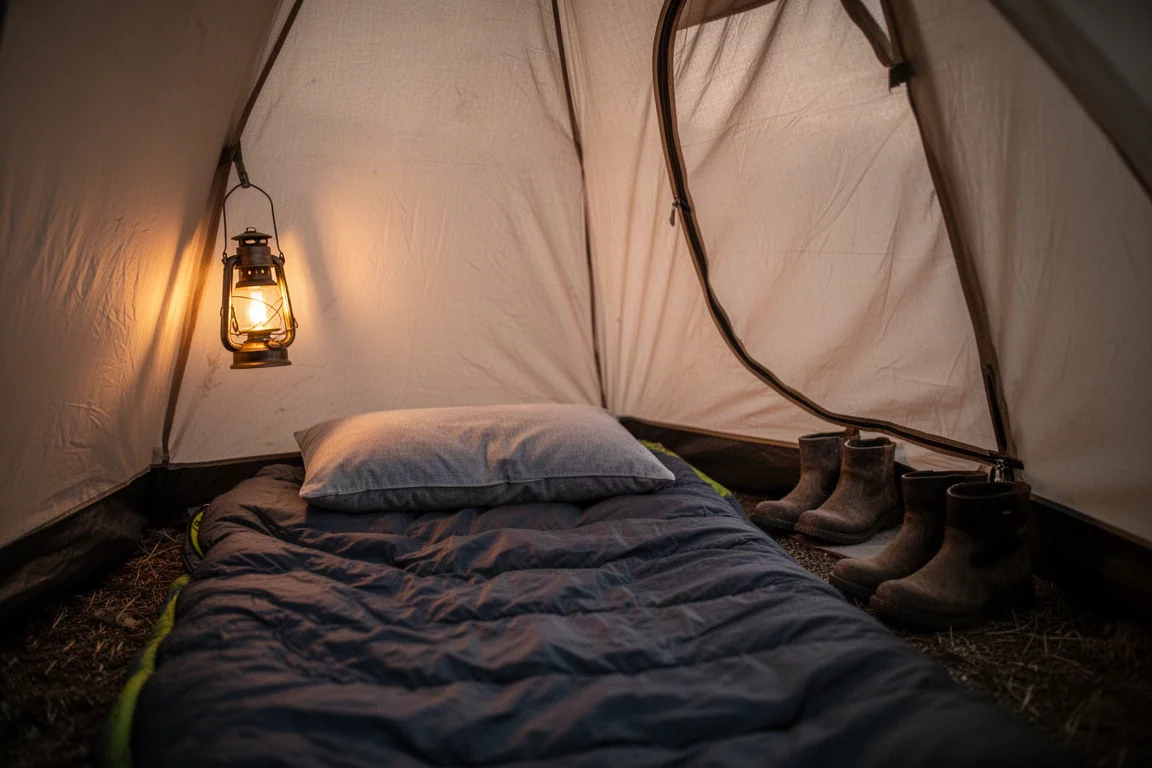 Interior de una furgoneta camper de noche con lluvia en las ventanas y una almohada de camping en la cama