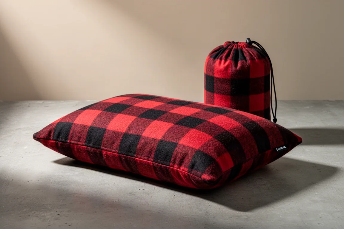 Red and black camp pillow with its drawstring stuff sack on a concrete surface
