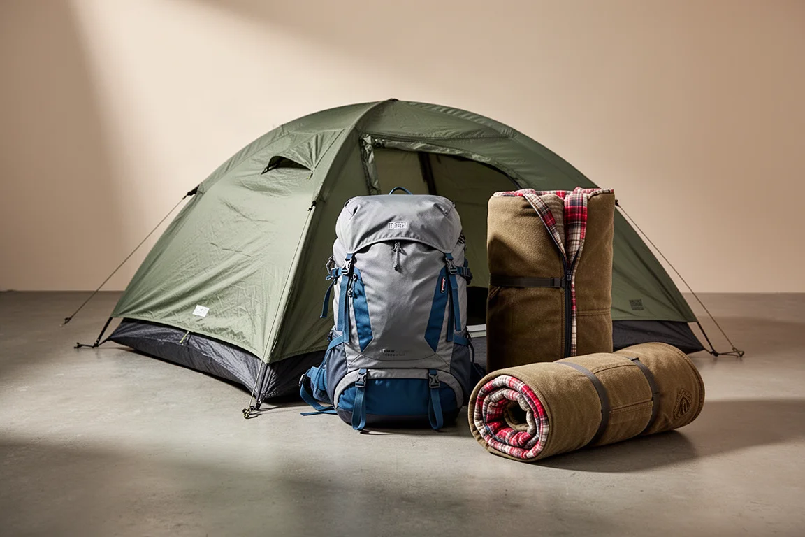 Camping tent, hiking backpack and rolled canvas sleeping bag arranged on a concrete surface