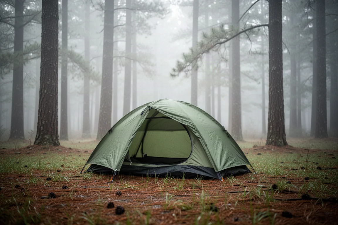 One-person tent pitched on a grassy campsite under an overcast rainy sky