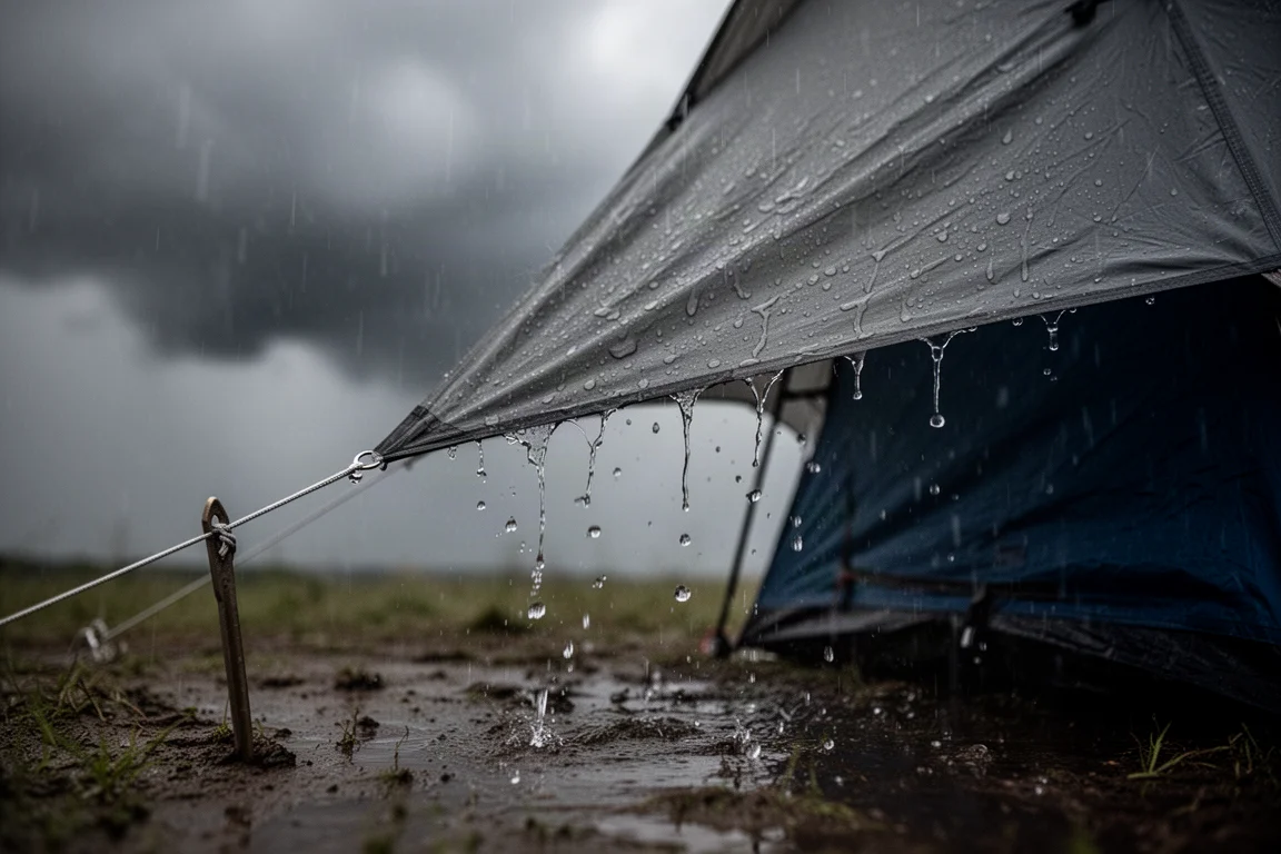 Close-up of a tent floor seam and bathtub floor edge with water droplets