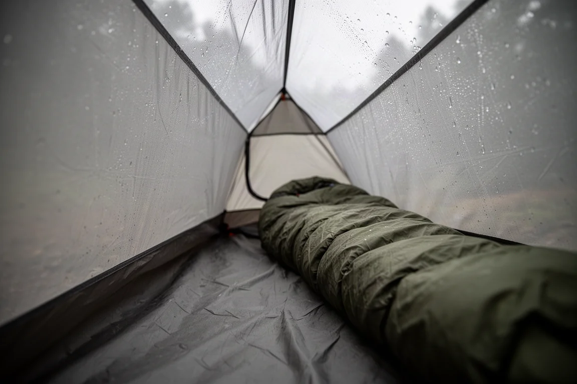 Rain running off a taut tent rainfly panel onto wet ground