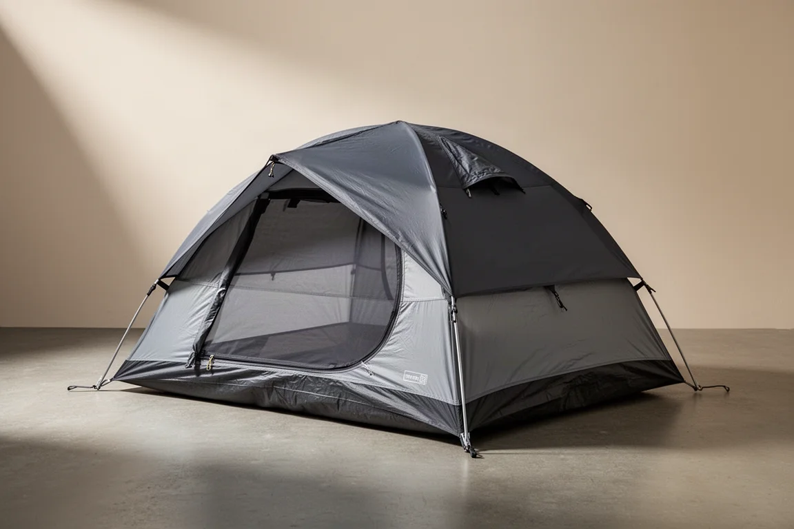 Low-profile one-person backpacking tent with grey rainfly on a neutral studio backdrop
