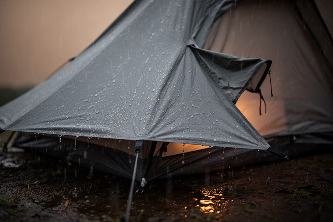 黃昏時分灰色外帳上的雨水成珠,通風蓋片撐開