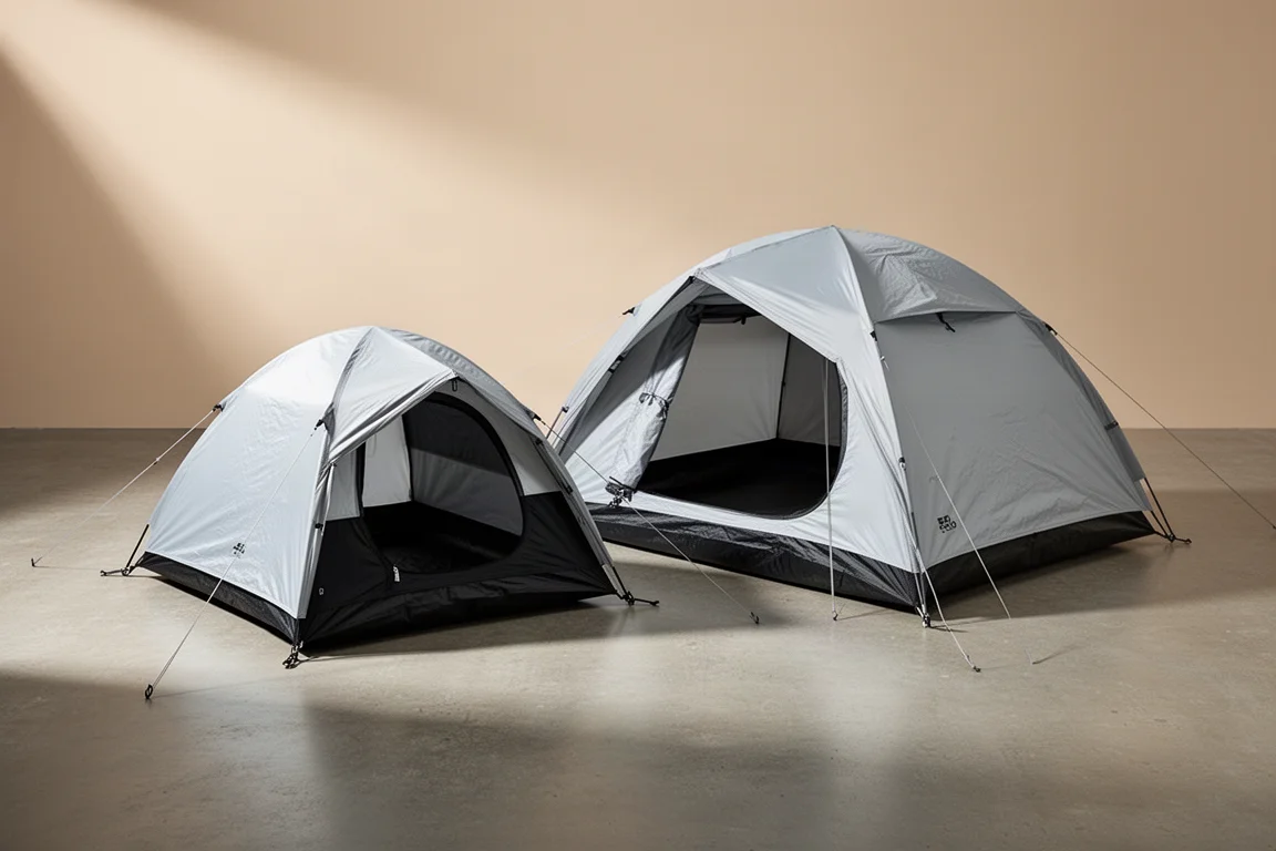 Two dome camping tents pitched side by side on a neutral studio backdrop