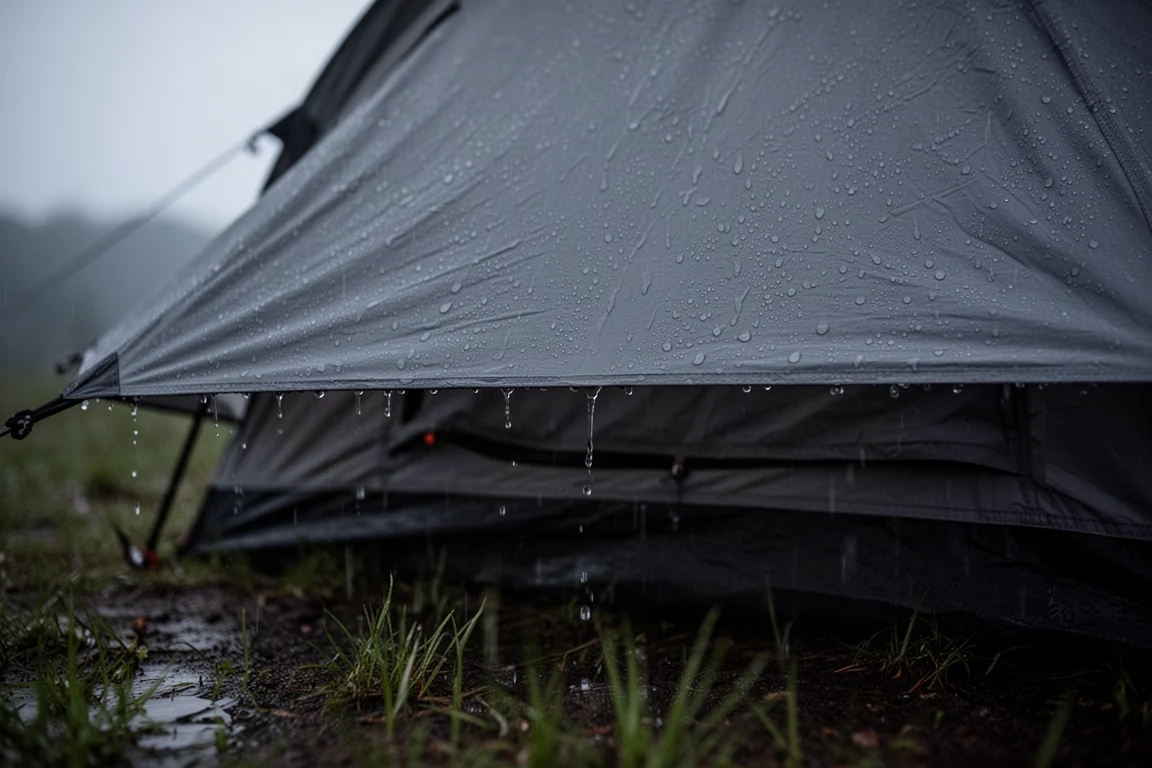 Regen perlt ab und läuft am grauen Regenverdeck eines Campingzelts in der Dämmerung herunter