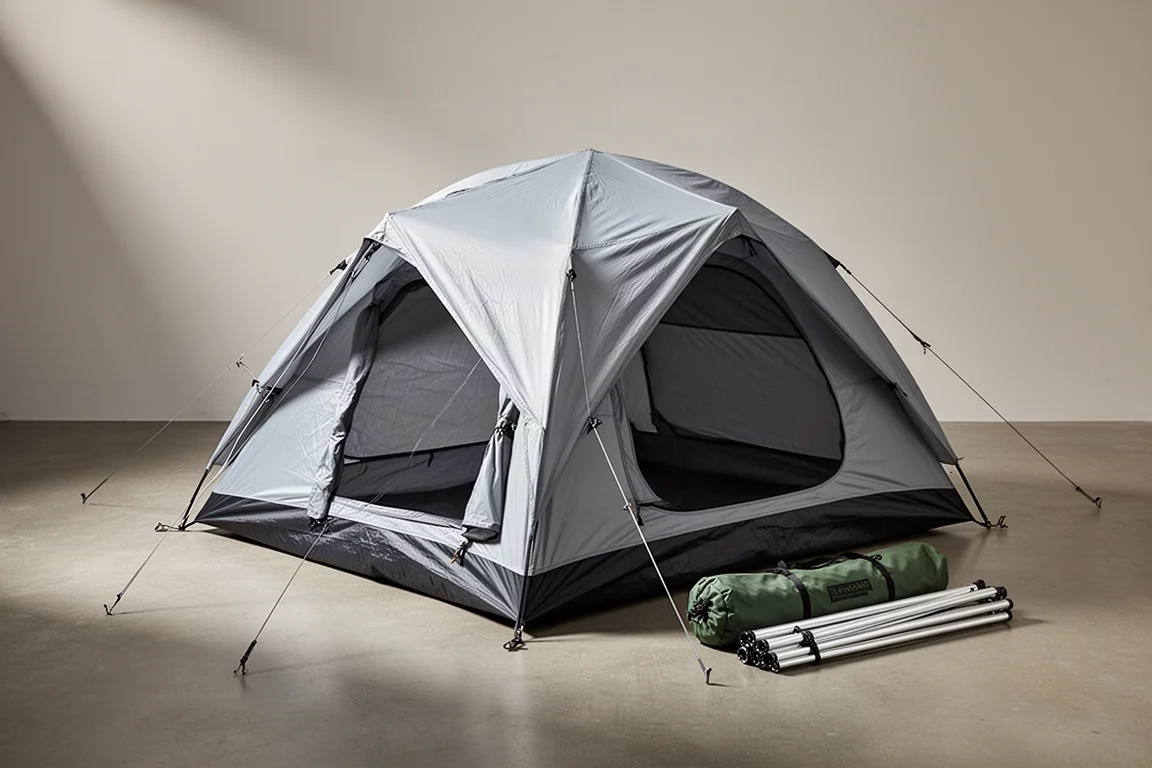 Two-person camping tent with gray rainfly pitched on concrete beside its carry bag