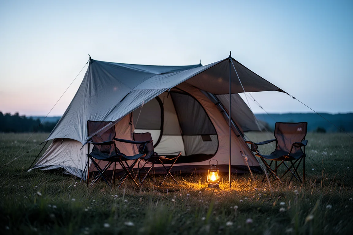 Four-person camping tent pitched on grass at dusk with camp chairs nearby
