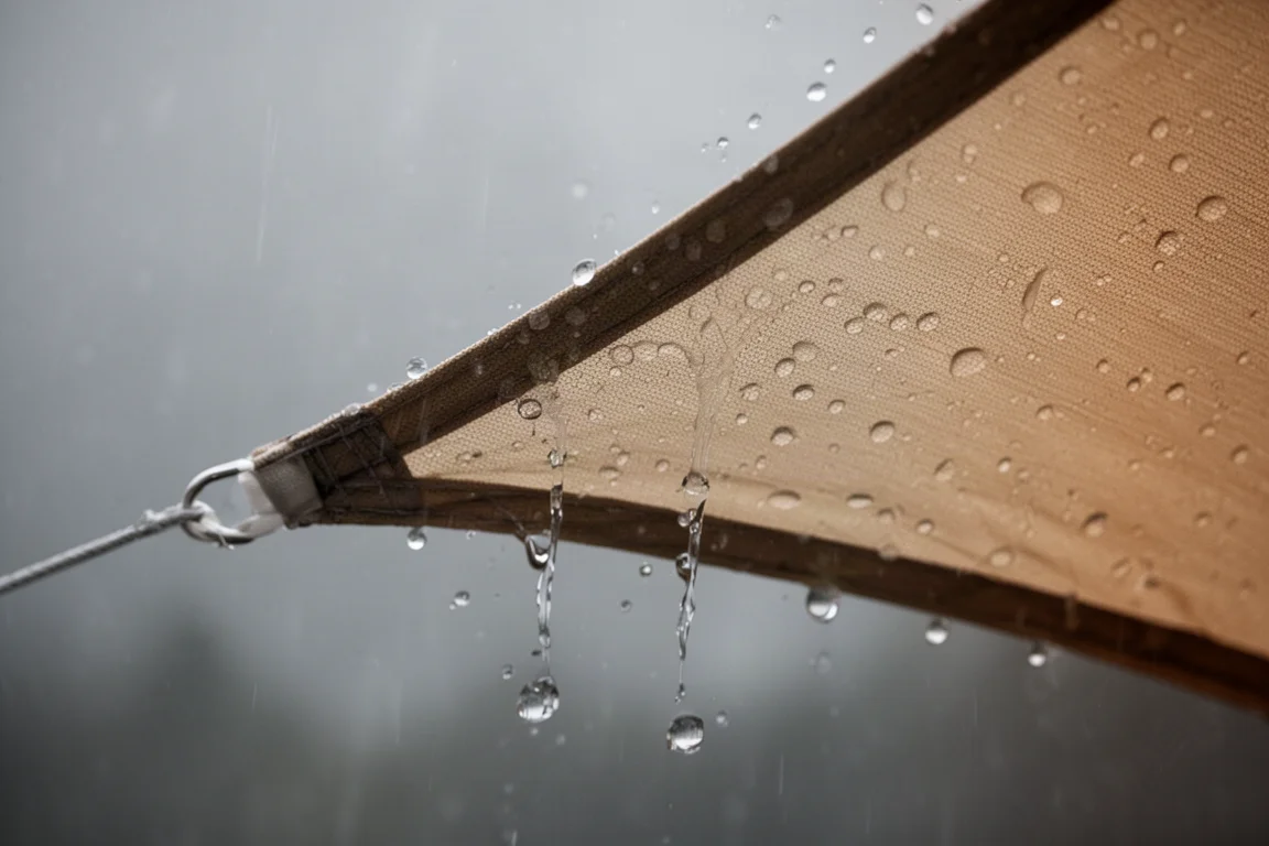 Close-up of rain beading on a taut tent rain fly during a storm