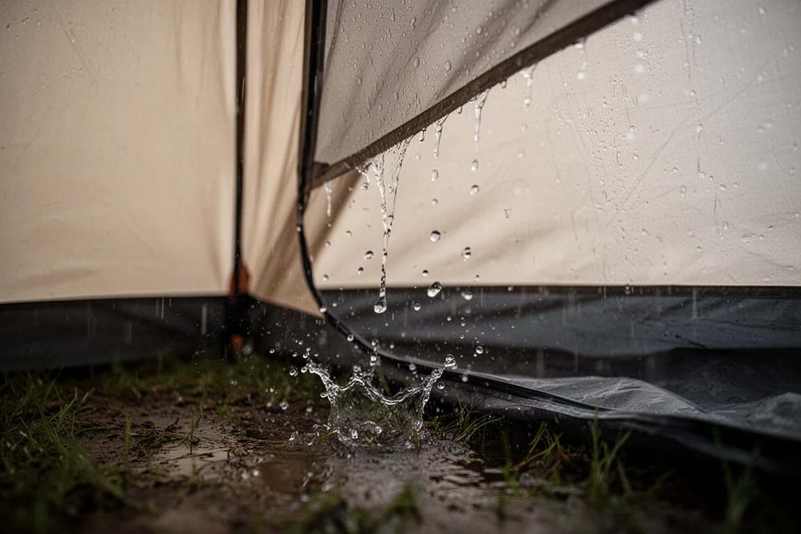 Heavy rain splashing off a tent fly onto wet ground beside the tent