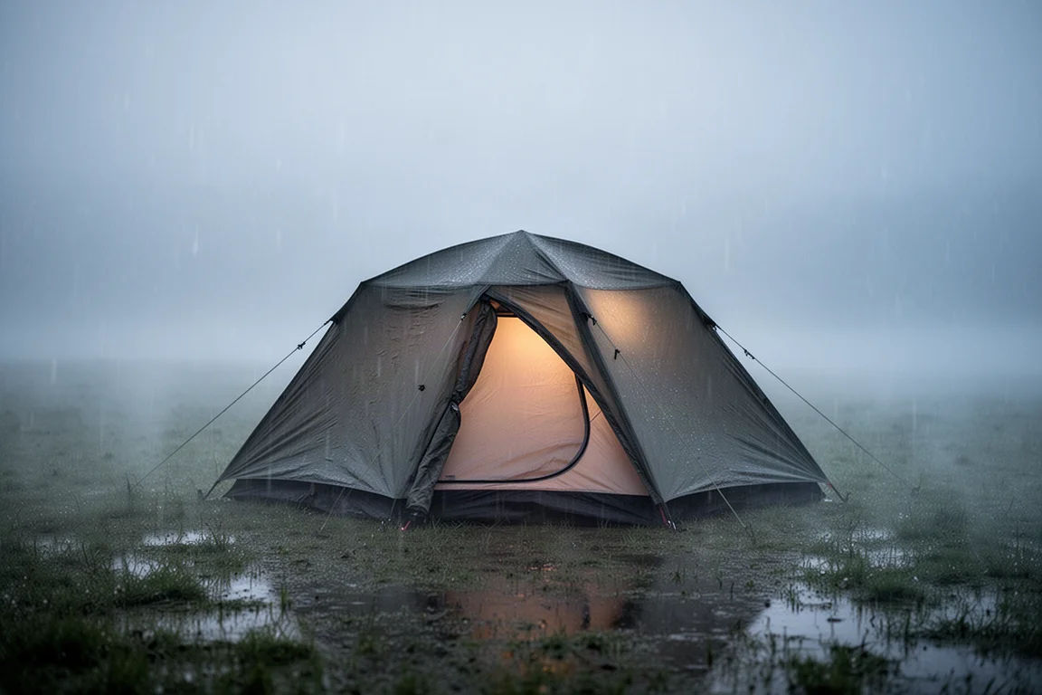 Camping tent standing in steady overnight rain with mist over the field