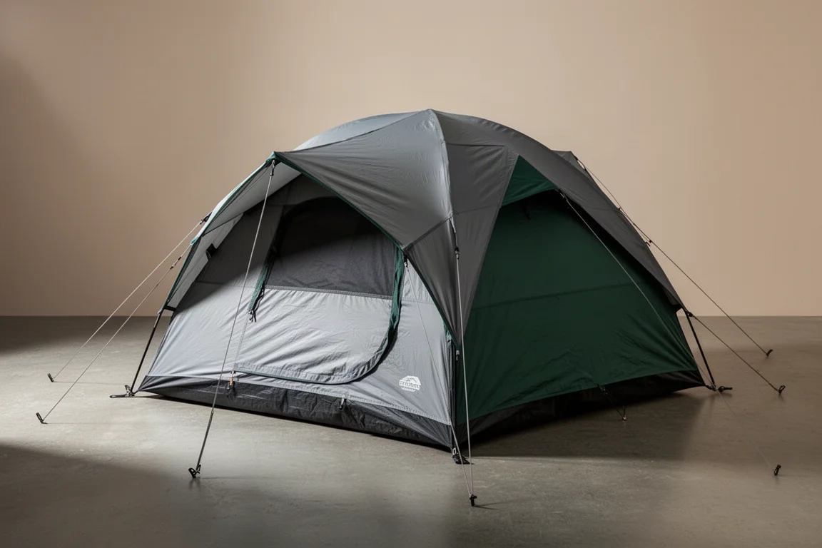 Four-person camping tent with rain fly pitched on a concrete surface