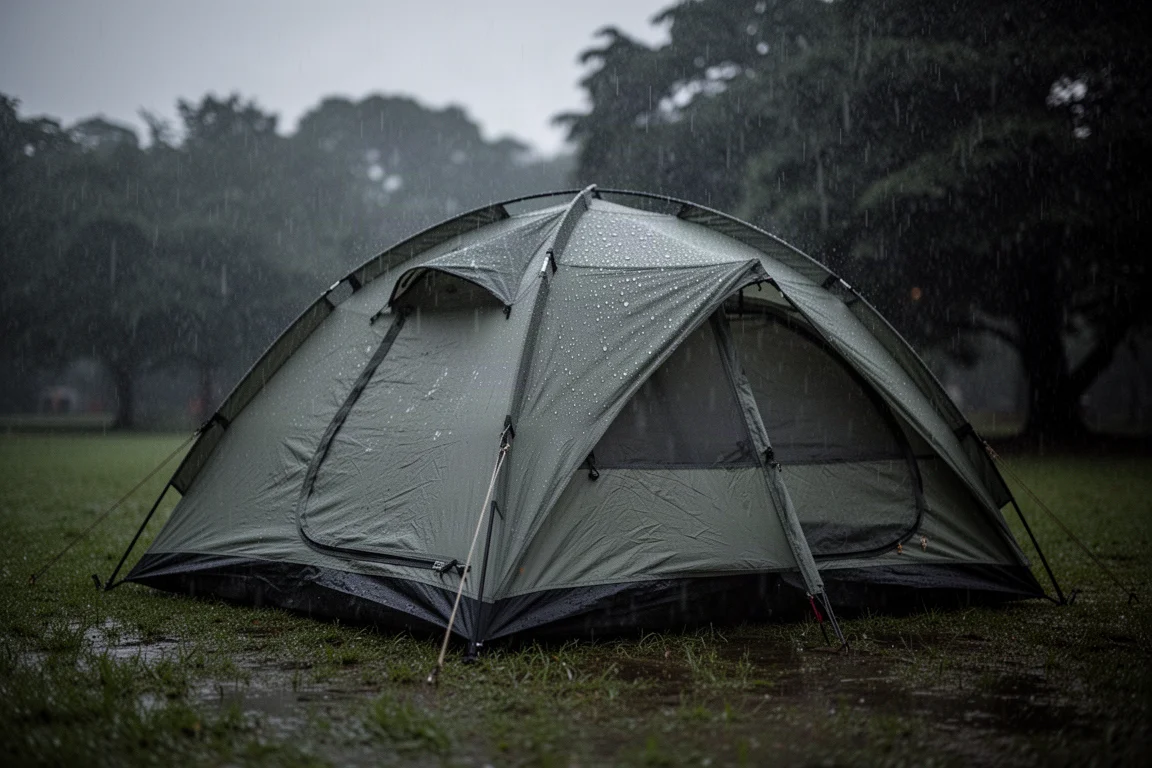 黃昏時分持續降雨中,搭在濕草地上的四人露營帳篷