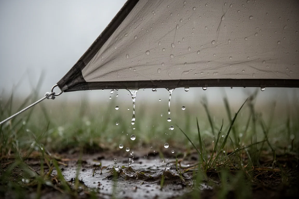 特寫:雨水從帳篷外帳流下,落到已飽和的地面