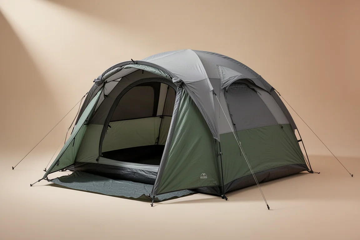 Four-person dome camping tent with rain fly pitched on a neutral studio backdrop
