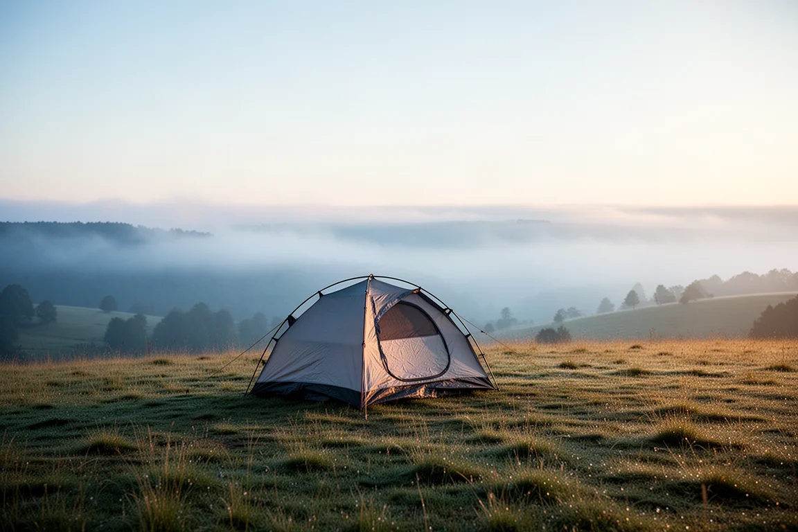 Small one-person tent pitched on a grassy ridge at sunrise